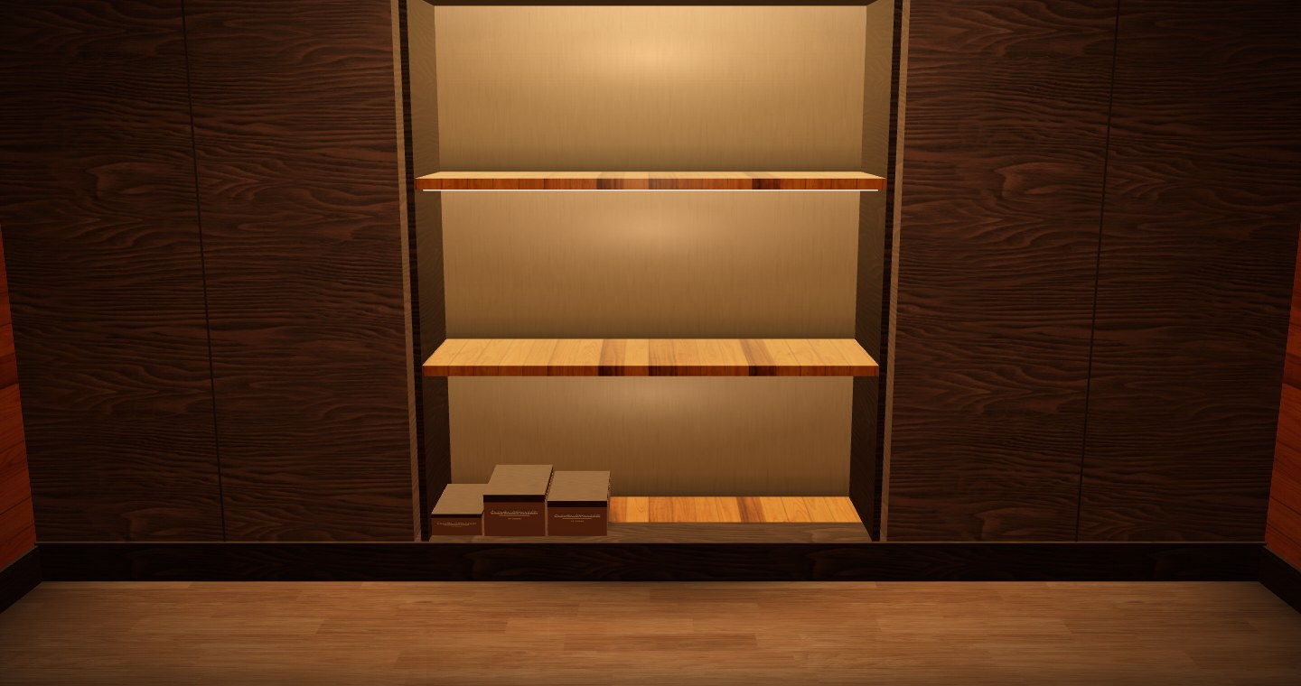 Warm cedar shelves in a dark humidor room